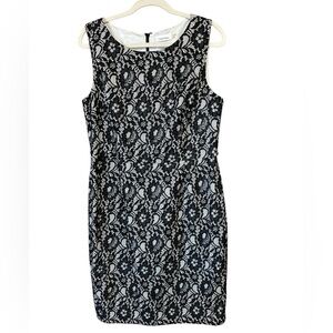 Calvin Klein Sleeveless Black Lace Over White Nylon/Rayon Lined Dress Size 14